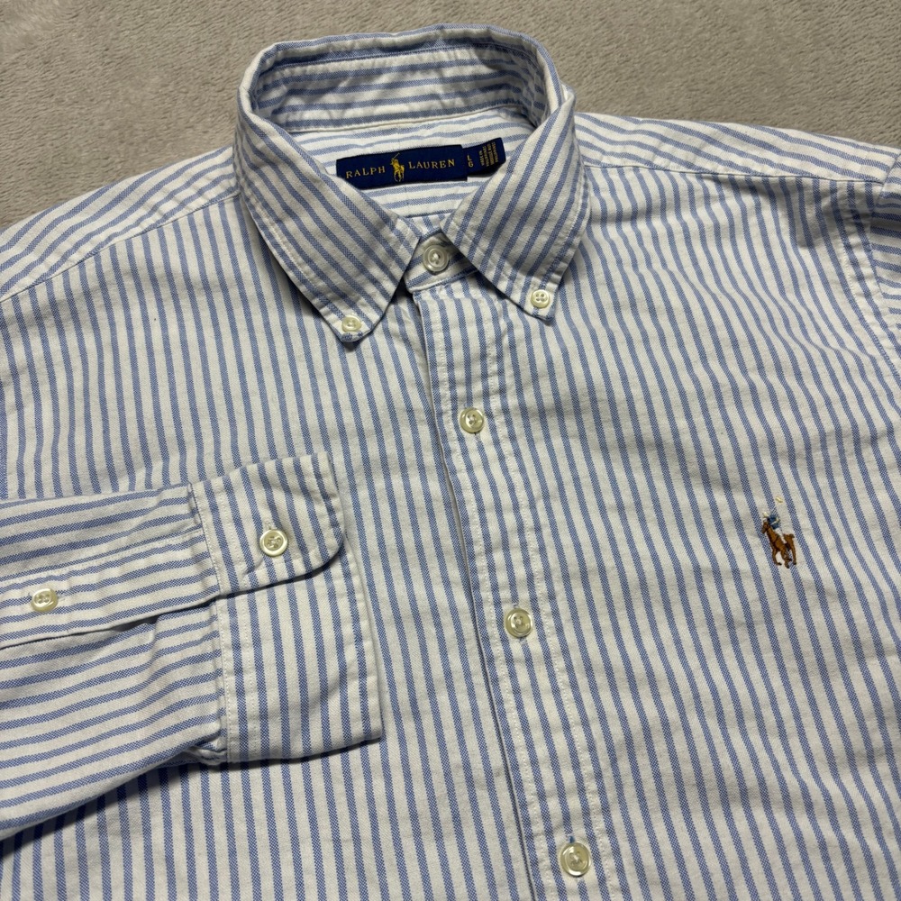 Ralph Lauren Shirt Mens Large Blue White Striped Button-Down Heavy